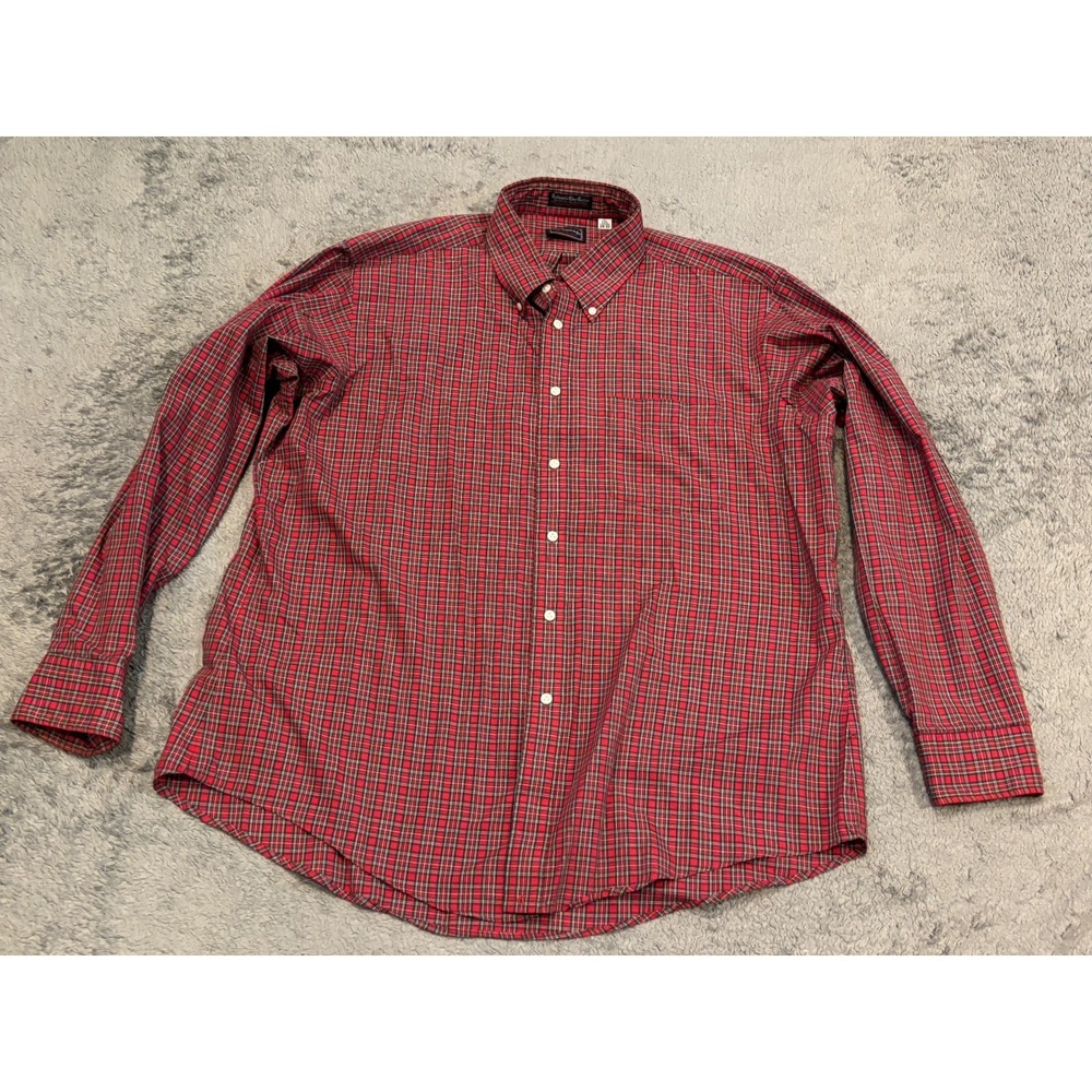 Hathaway Tartan Plaid Shirt Mens 17.5 34-35 Red Long Sleeve Button Casual Preppy